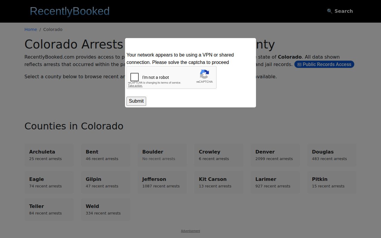 Recently Booked Colorado index showing no Las Animas County arrest log