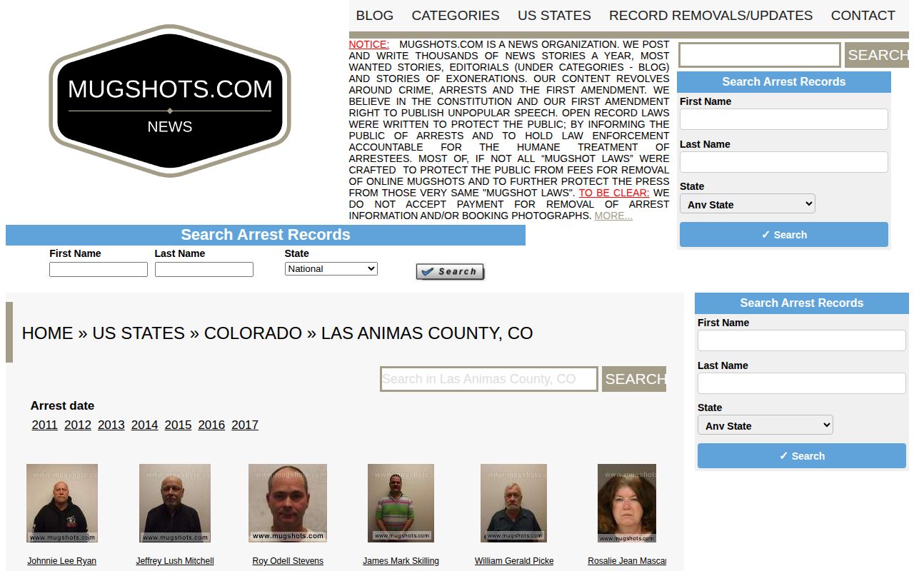 Las Animas County historical unofficial mugshot records landing page