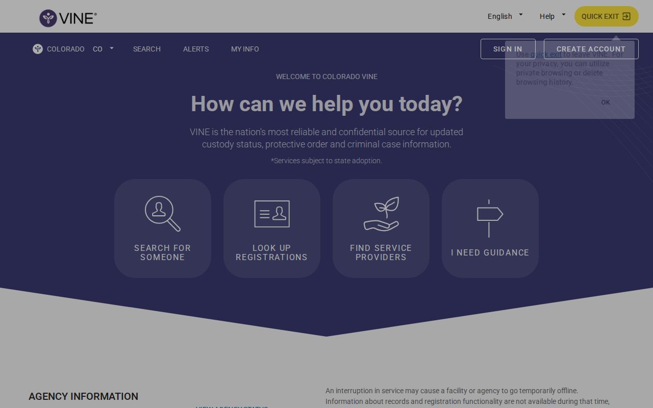 Colorado VINE Las Animas County custody notification search interface