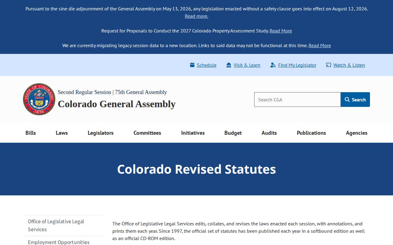Colorado Revised Statutes source for Las Animas County booking photograph records
