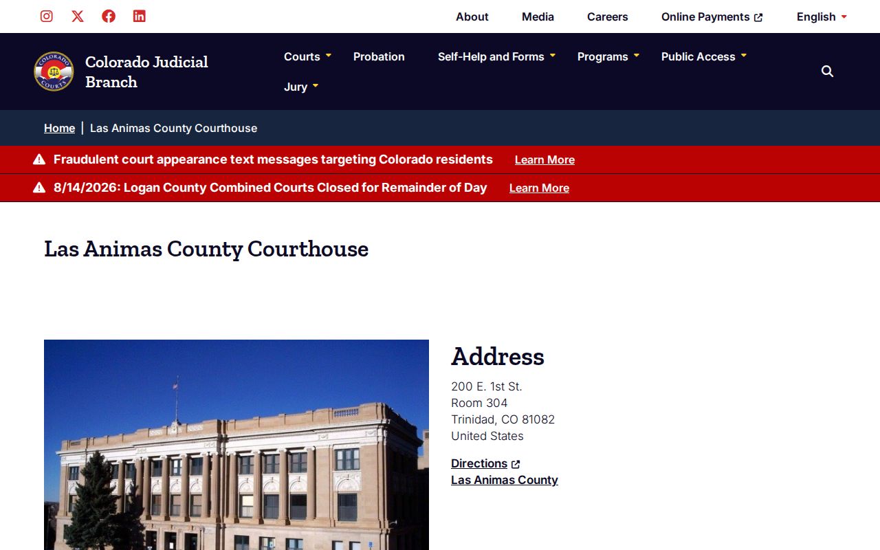 Las Animas County Courthouse booking case and disposition access page